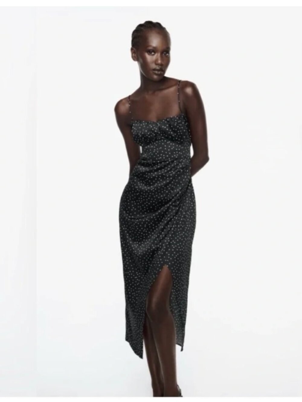 Zara Black Polka Dot Satin-Effort Midi Slip Dress Size Medium